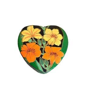 Vintage Paper Mache Trinket Box Heart Shape Flower Removable Lid Made in India